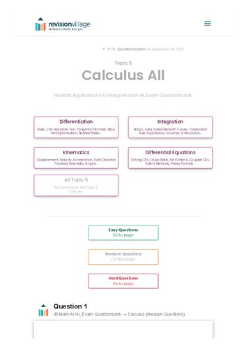 ﻿Revision village Math AI HL - حساب دیفرانسیل و انتگرال - بانک سوالات سختی متوسط