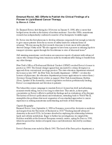 ﻿Emanuel Revici MD (1896-1998): روش Revici برای سرطان - یافته های بالینی یک پیشگام در درمان سرطان مبتنی بر لیپید (سلنیوم، گوگرد، کلسیم، روی) و امگا 3