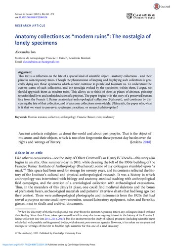 ﻿مجموعه های آناتومی به عنوان «ویرانه های مدرن»: نوستالژی نمونه های تنها