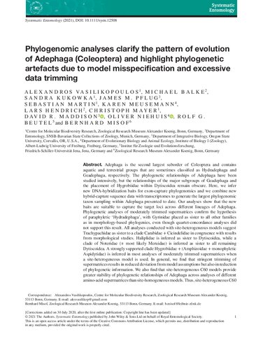 ﻿تجزیه و تحلیل های فیلوژنومیک الگوی تکامل آدفاگا (Coleoptera) را روشن می کند و مصنوعات فیلوژنتیکی را به دلیل مشخصات نادرست مدل و برش داده های بیش از حد برجسته می کند.