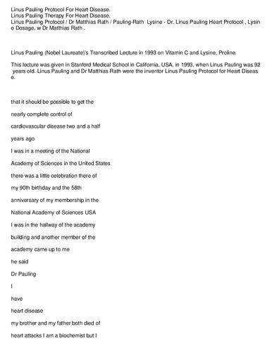 ﻿پروتکل لینوس پاولینگ برای بیماری قلبی / درمان لینوس پاولینگ برای بیماری قلبی -- دکتر ماتیاس راث / لیزین پاولینگ-راث - پروتکل قلب دکتر لینوس پاولینگ، لیزین، ویتامین C، دوز پرولین