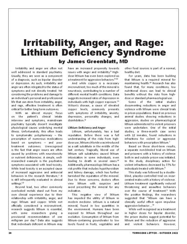 ﻿تحریک پذیری، عصبانیت و عصبانیت: سندرم کمبود لیتیوم (روزانه 1 تا 20 میلی گرم لیتیوم اوروات مصرف کنید)