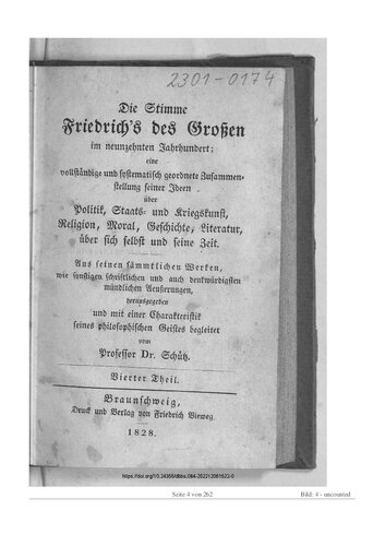 ﻿صدای فردریک کبیر در قرن نوزدهم: مجموعه ای کامل و منظم از ایده های او در مورد سیاست، حکومت داری و جنگ، مذهب، اخلاق، تاریخ، ادبیات، درباره خود و زمانه اش. از مجموع آثار او و نیز سایر بیانات شفاهی مکتوب و به یاد ماندنی با ویرایش و همراه با ویژگی روح فلسفی او.