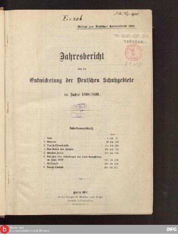 ﻿گزارش سالانه در مورد توسعه نمازهای محافظ آلمان در 1898/1899