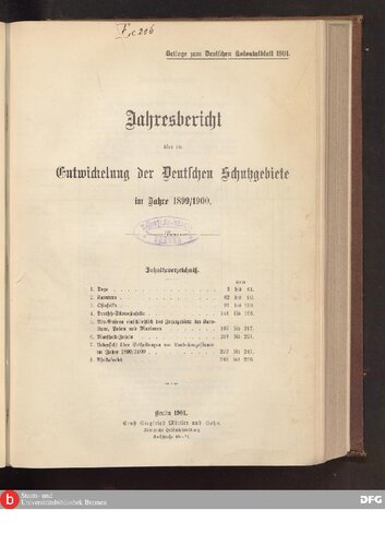 ﻿گزارش سالانه در مورد توسعه نمازهای حفاظتی آلمان در 1899/1900