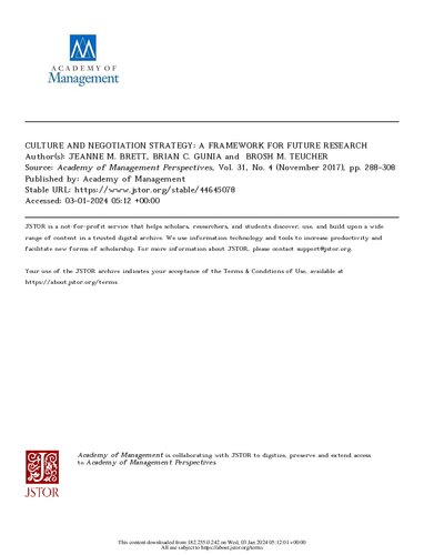 ﻿فرهنگ و استراتژی مذاکره: چارچوبی برای تحقیقات آینده
