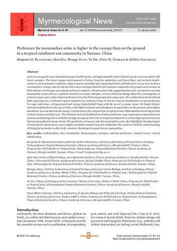﻿ترجیح ادرار پستانداران در تاج پوشش بیشتر از روی زمین در جامعه مورچه های جنگلی گرمسیری در یوننان چین است.