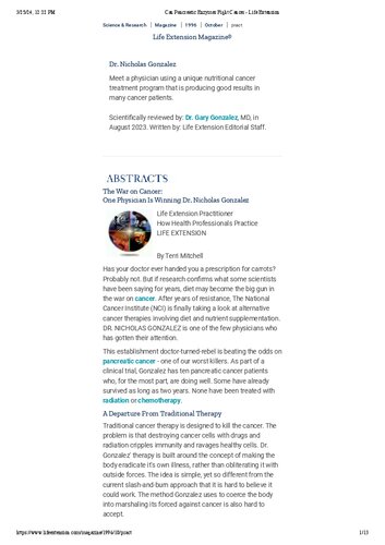 ﻿پروتکل سرطان دکتر نیکلاس گونزالس (مجله بنیاد تمدید زندگی اکتبر 1996)