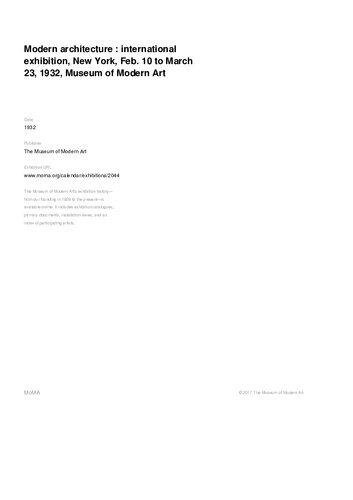 ﻿معماری مدرن. نمایشگاه بین المللی، نیویورک، 10 فوریه تا 23 مارس 1932، موزه هنر مدرن