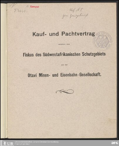 ﻿قرارداد خرید و اجاره بین خزانه داری منطقه حفاظت شده جنوب غربی آفریقا و شرکت معدن و راه آهن Otavi