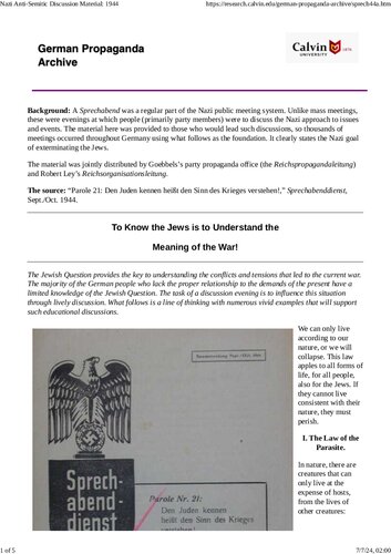 ﻿Sprechabenddienst 1944 - شناخت یهودیان به معنای درک معنای جنگ است