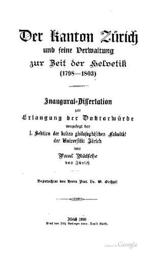 ﻿کانتون زوریخ و اداره آن در دوره هلوتیک (1798-1803)