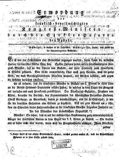 ﻿ترور وزیران کنگره تام الاختیار فرانک توسط هوسرهای سکلی در نزدیکی راستادت. سوئیسی، اتریشی ها این کار را می کنند: سوئیس گوش می دهد، شگفت زده می شود و از داستان هولناک می لرزد.