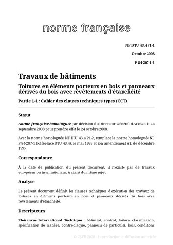 ﻿NF DTU 43.4 (P84-207): عناصر باربری چوبی و پانل های مشتق شده از چوب با روکش های آب بندی