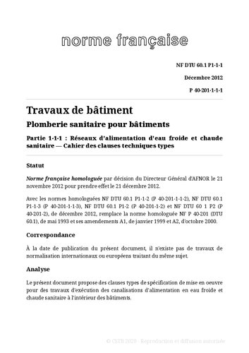 ﻿NF DTU 60.1 (P40-201): لوله کشی بهداشتی برای ساختمانها