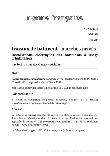 ﻿NF DTU 70.1 (P80-201): تاسیسات الکتریکی ساختمانها برای مصارف مسکونی