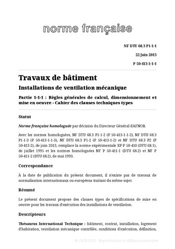 ﻿NF DTU 68.3 (P50-413): تاسیسات تهویه مکانیکی