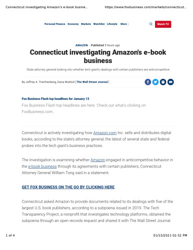 ﻿کانکتیکات در مورد تجارت کتاب الکترونیکی آمازون تحقیق می کند