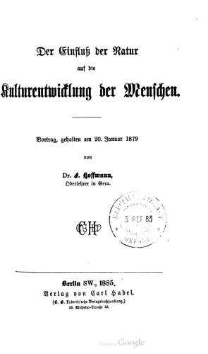 ﻿تأثیر [تأثیر] طبیعت بر رشد فرهنگی مردم. سخنرانی ، که در 20 ژانویه 1879 برگزار شد