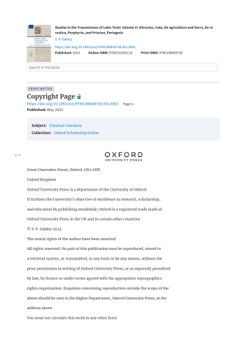 ﻿مطالعات در انتقال متون لاتین: جلد دوم: Vitruvius ، Cato ، De Agricultura و Varro ، De Re Rustica ، Porphyrio و Priscian ، Periegesis