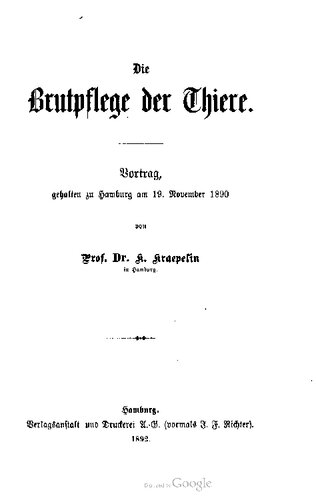 ﻿مراقبت از کودک از حیوانات. سخنرانی ، در تاریخ 19 نوامبر 1890 به هامبورگ داده شد