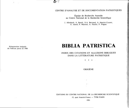 Biblia patristica: Index of نقل قول ها و ملاحظات کتاب مقدس در ادبیات پاتریشیک 3. اوریجین