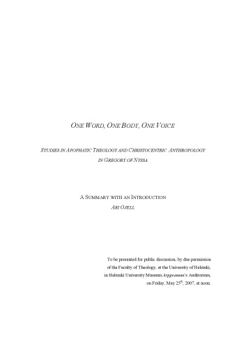 یک کلمه، یک بدن، یک صدای: مطالعات در مورد الهیات آپوپاتی و انسان شناسی کریستو سنتریک در گرگوری نایسا