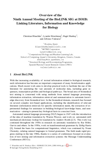 پیوند ، ادبیات ، اطلاعات و دانش برای زیست شناسی: کارگاه گروه علاقه ویژه BioLINK ، ISBM ECCB 2009 ، استکهلم ، 28-29 ژوئن ،