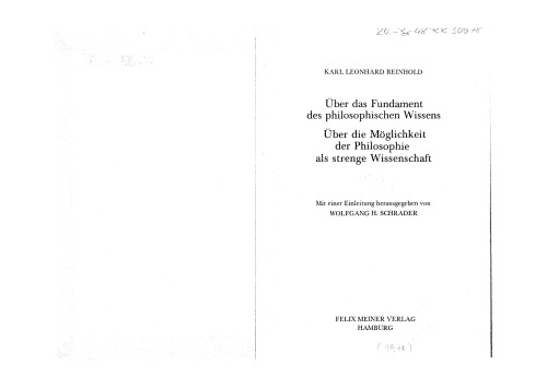 ﻿در بنیاد دانش فلسفی; درباره امکان فلسفه به عنوان یک علم دقیق (کتابخانه فلسفی، جلد 299) (نسخه آلمانی)