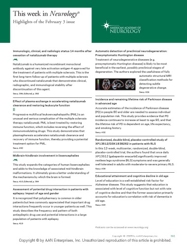 ﻿عصب شناسی جلد 72 (5) 3 فوریه 2009