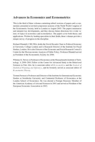 ﻿پیشرفت‌های اقتصاد و اقتصاد سنجی: نظریه و کاربردها، نهمین کنگره جهانی، جلد سوم (تنگ‌نگارهای انجمن اقتصادسنجی)