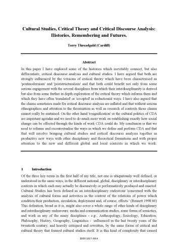 ﻿مطالعات فرهنگی، نظریه انتقادی و تحلیل گفتمان انتقادی: تاریخ، یادآوری و آینده