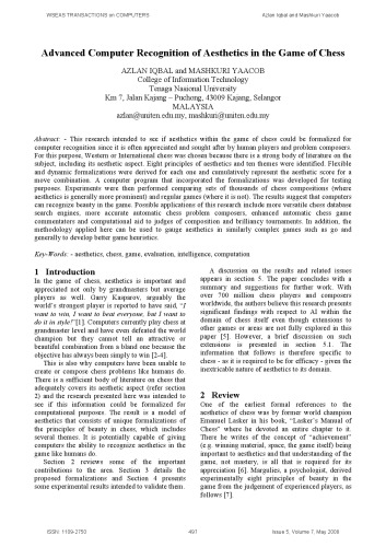 ﻿تشخیص پیشرفته کامپیوتر زیبایی شناسی در بازی شطرنج