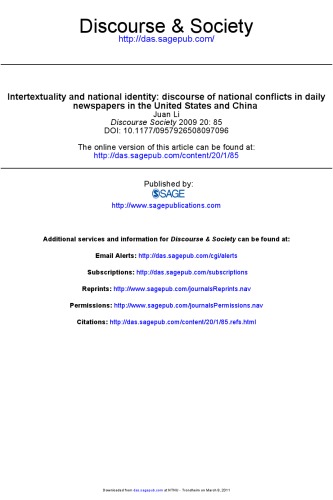 ﻿بینامتنی و هویت ملی: گفتمان درگیری های ملی در روزنامه های روزانه در ایالات متحده و چین (گفتمان و جامعه 20(1))
