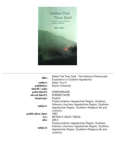 ﻿احساس بهتر از گفته شده: تجربه تقدس-پنطیکاستی در آپالاشیا جنوبی