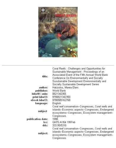 ﻿صخره های مرجانی: چالش ها و فرصت ها برای مدیریت پایدار: مجموعه مقالات یک رویداد مرتبط از پنجمین کنفرانس سالانه بانک جهانی در زمینه محیط زیست ... و مجموعه توسعه پایدار اجتماعی)