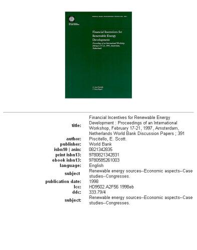 ﻿انگیزه های مالی برای توسعه انرژی های تجدیدپذیر: مجموعه مقالات یک کارگاه بین المللی، 17-21 فوریه 1997، آمستردام، هلند (مقاله بحث بانک جهانی)