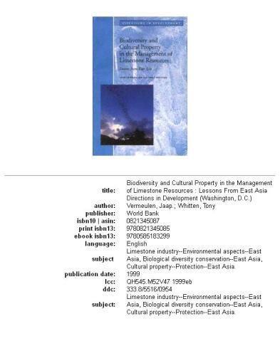 ﻿تنوع زیستی و اموال فرهنگی در مدیریت منابع سنگ آهک در شرق آسیا: درس هایی از شرق آسیا (جهت های توسعه (واشنگتن، دی سی).)