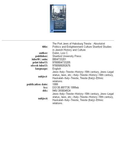﻿یهودیان بندر هابسبورگ تریست: سیاست مطلقه و فرهنگ روشنگری