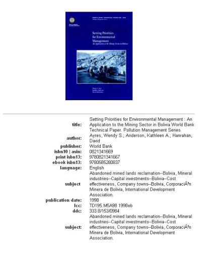 ﻿تعیین اولویت ها برای مدیریت زیست محیطی: برنامه کاربردی برای بخش معدن در بولیوی، جلد 23-398