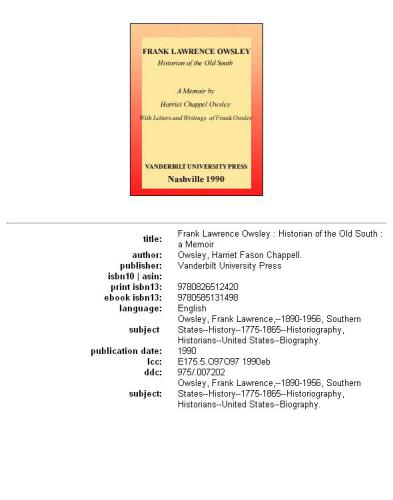 ﻿فرانک لارنس اوزلی: مورخ جنوب قدیمی: خاطرات