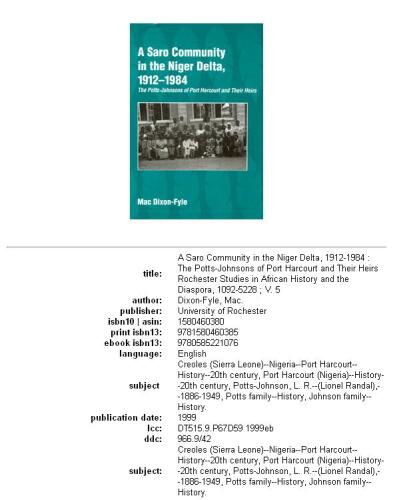 ﻿جامعه سارو در دلتای نیجر، 1912-1984: پاتس-جانسون های پورت هارکورت و وارثان آنها