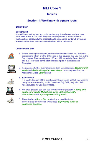 ﻿منابع مطالعه MEI C1 شاخص های اصلی 1 ریشه های مربعی