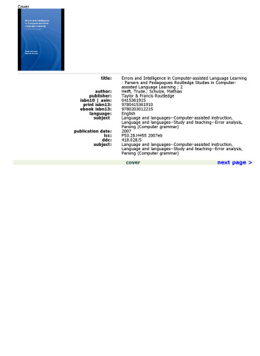 ﻿خطاها و هوشمندی در یادگیری زبان به کمک رایانه: تحلیلگران و مربیان (مطالعات روتلج در یادگیری زبان به کمک رایانه)