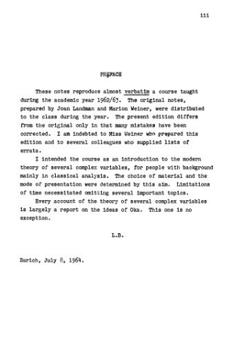 مقدمه ای بر چندین متغیر پیچیده: سخنرانی های Lipman Bers 1966-1963