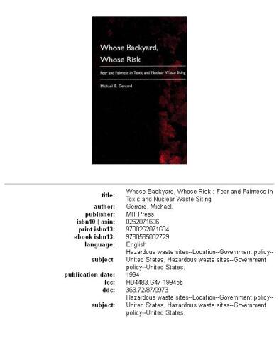 ﻿حیاط خلوت چه کسی، خطر آن: ترس و انصاف در مکان یابی زباله های سمی و هسته ای