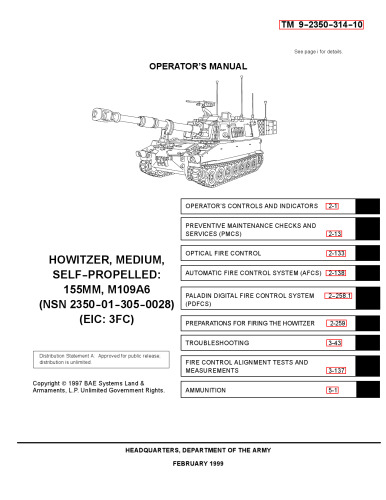 ﻿155-mm самоходная габица М109А6. TM 9-2350-314-10. راهنمای اپراتور.