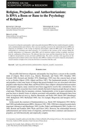 ﻿دین ، ​​تعصب و اقتدارگرایی: آیا RWA برای روانشناسی دین یک جبهه است یا شراره؟
