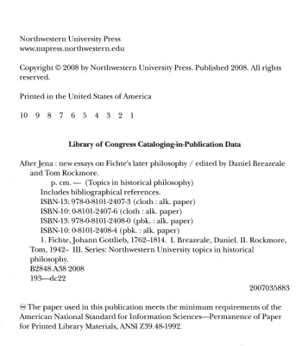 پس از جنا: مقاله های جدید درباره فلسفه بعدی فیشته (مباحث فلسفه تاریخی)