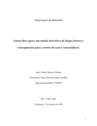 ﻿Ainore Boe egore: um estudo descritivo da língua bororo و conseqüências para a teoria de caso e concordância